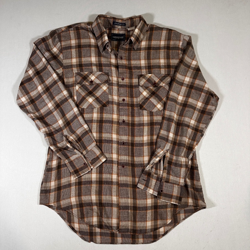 Vtg Campus Esprit Flannel Shirt Mens L Tapered Brown Plaid‎ Cotton Retro Grunge